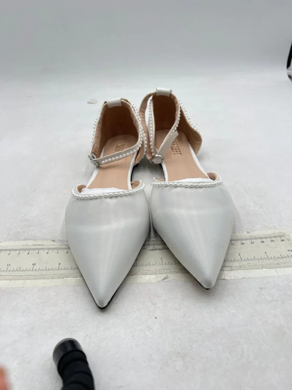miss left Ivory Lovely Pearls Pointed Toe Flats Ankle Strap Comfortable Sandals
